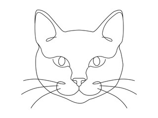 A continuous line drawing of a cat head with whiskers in a minimalist graphic style.