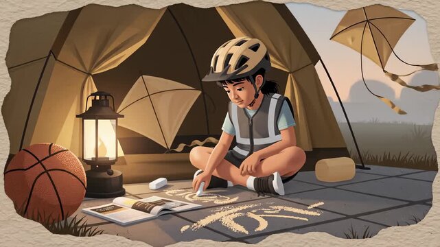 Animated Girl Drawing on the Floor Inside a Tent With Chalk