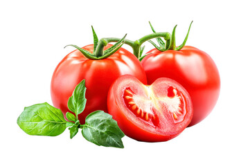 Two vibrant tomatoes rest beside basil leaves and halved tomato on transparent background