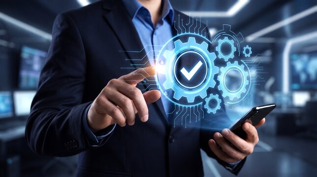 Businessman interacting with digital gear icon featuring a checkmark, concept of quality assurance - Powered by Adobe
