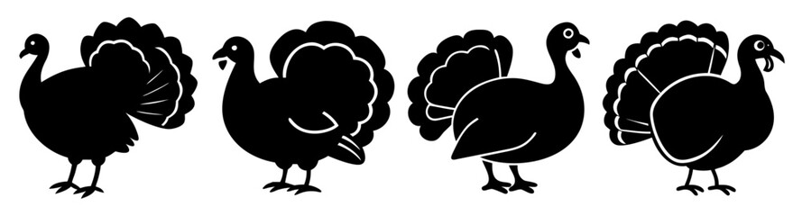 Fototapeta premium Four black silhouettes of turkeys standing in a row on a white background