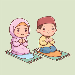Cute Muslim Kids Praying on Prayer Mats