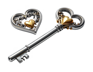 Floating 3D silver key with tiny golden heart engravings,white background