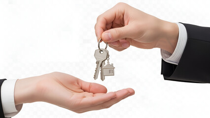 Real estate agent's hand giving house keys to a new homeowner. Isolated on transparent background, png