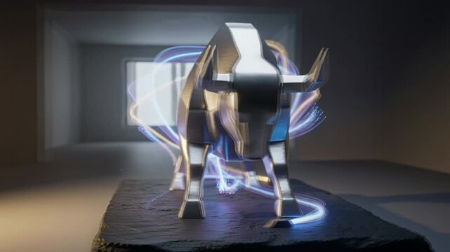 Abstract silver bull figurine on a matte black stone base, wrapped in flowing digital light trails. Dramatic side lighting sculpts the metallic form, creating a sleek, high‑energy financial aesthetic.