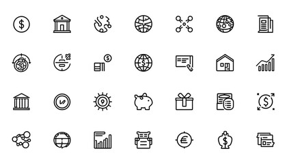 Fototapeta premium Financial Icon Array: A carefully curated collection of financial icons, offering a concise visual language for economic concepts. Representing bank, global finance, investments, and more.