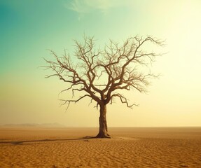 A tree is standing alone in a desert