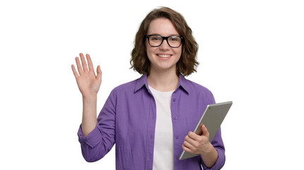 Smiling young woman with glasses waving hand and holding digital tablet isolated on transparent background