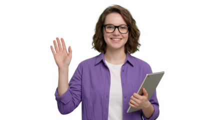 Smiling young woman with glasses waving hand and holding digital tablet isolated on transparent background