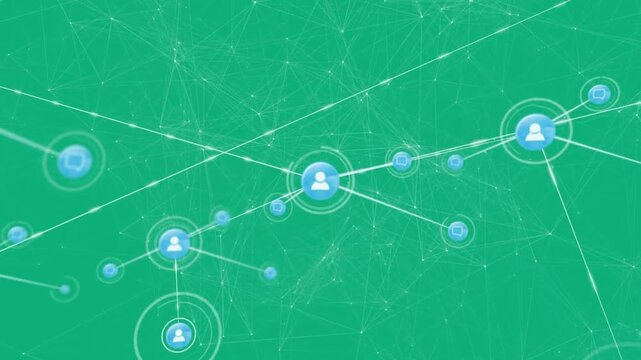 Animation of network of connections with icons over green background with constellations
