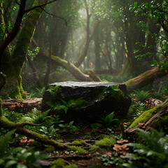Obraz premium Forest landscape with natural stone podium covered in moss and ferns, illuminated by a gentle spotlight and shimmering particles of light. Wet green environment, ephemeral, natural backdrop
