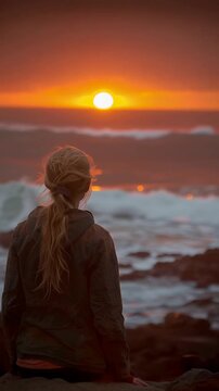 Young woman watching the sun set over the ocean from a rocky shore evoking calm reflection freedom and mindful presence by the sea