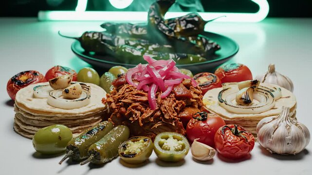 Gourmet Food Display Featuring Barbacoa, Tortillas, and Vegetables