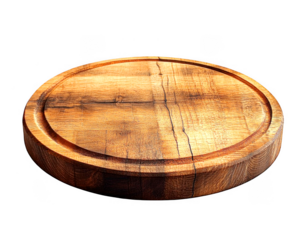 Round wooden cutting board shows detailed wood grain on transparent background