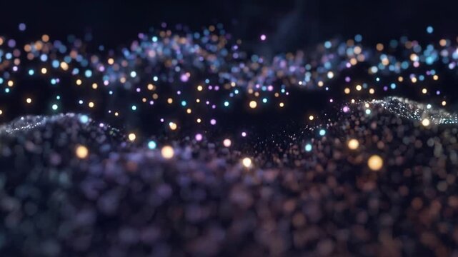 A mesmerizing digital landscape with glowing particles and vibrant lights, creating a futuristic atmosphere, captured in a video from a unique viewpoint
