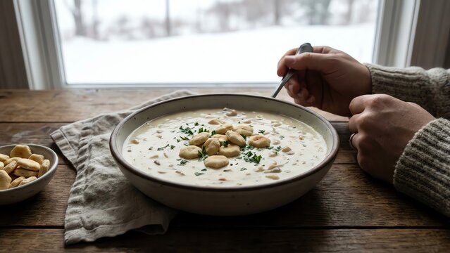Hearty Clam Chowder with Crackers on a Rustic Table on a Snowy Day