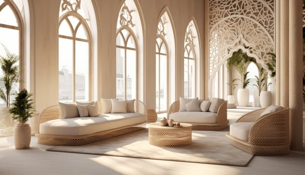 Luxury eastern interior design of modern living room with carved furniture and arched windows