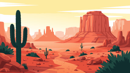 Vibrant desert landscape vector illustration with mesas, cacti, and a winding path, perfect for travel and nature themes © PDWN Creative