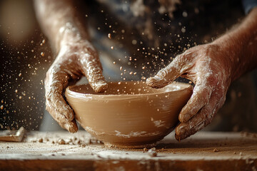 Concept of tactile privacy. Master's hands sculpt clay bowl on wooden workbench in sun-drenched rustic studio.