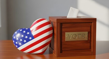 A wooden ballot box with a vote sign and a heart painted with the American flag, symbolizing patriotism and democratic participation in the USA