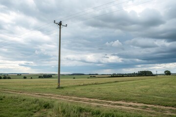 Fototapeta premium Pole supporting electrical wires in a field. Illustration in photorealism style, industry and ecology
