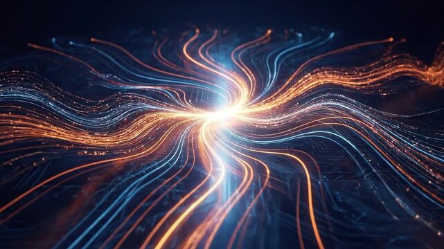 Dynamic digital wave patterns converging towards a radiant light source in a dark environment, viewed from a frontal perspective 202601191005 (5).mp4