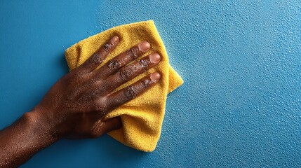 A black male hand is wiping a pale blue textured wall. A yellow cleaning cloth is being used in a smooth wiping motion to clean the surface