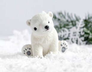 Adorable polar bear figurine sits in snow, decorated with festive greenery