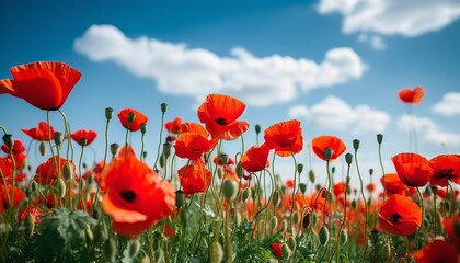 Fototapeta premium Red poppy flowers against the blue sky