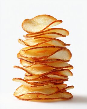 A tall, uneven pile of fried cassava chips sits on a white surface. The chips are golden and slightly browned around the edges and appear crispy