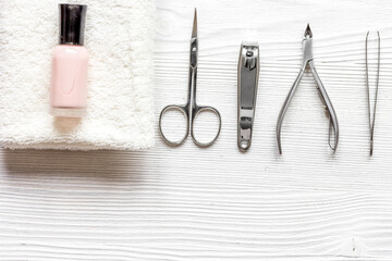 French manicure - preparing tools on wooden backround top view