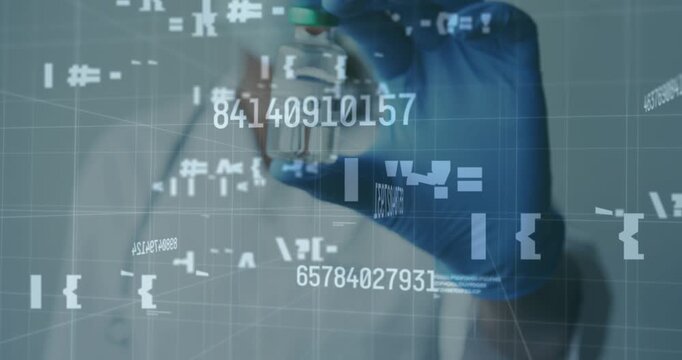 Animation of stock market over syringe and caucasian male doctor
