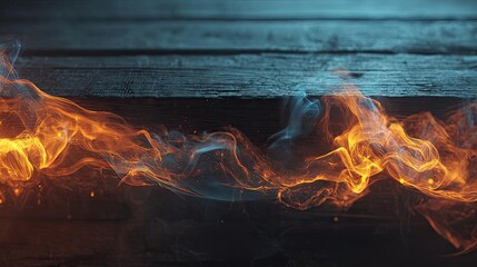 Blank wooden table with fire and smoke concept. Dynamic flames dancing across a wooden surface, capturing energy.