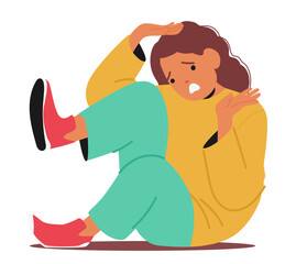 Scared preteen girl cartoon character in defensive position trying to struggle with panic attack