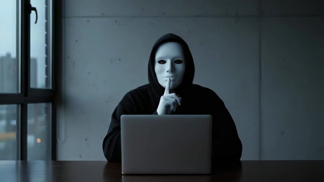 Unrecognizable mysterious criminal wearing a white mask and a black hoodie sitting in a dark room with a laptop, making a shushing gesture to the camera, asking for silence and secrecy
