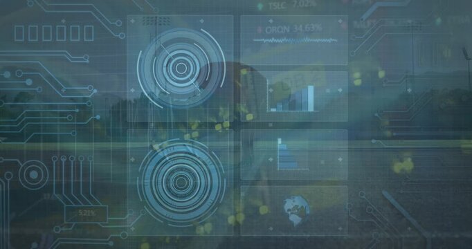 Animation of data processing on digital screen over african america male runner with running blade