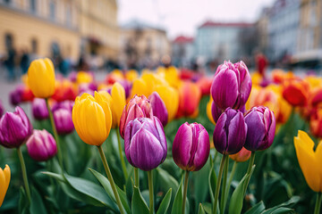 Colorful tulips fill the garden as petals sway in the breeze during springtime in a lively urban setting