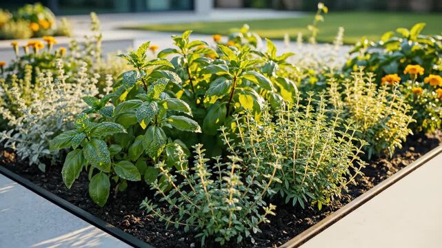 A lush herb garden with fresh basil, mint, and thyme growing in the sun. Close-up of culinary plants in a modern raised bed. Homegrown organic gardening concept
