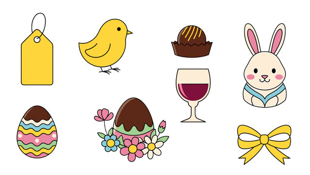 A colorful Easter-themed vector graphic illustration featuring various festive icons and symbols.