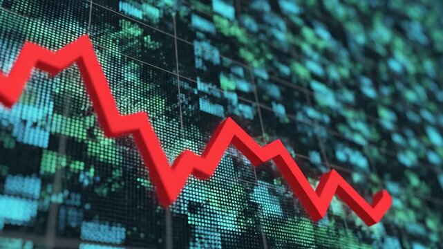 Red line graph on digital screen showing business trend decline. Falling sales and recession indicator. Stock market data analysis.