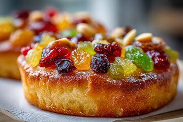 Colorful candied fruit toppings on a pastry with decorative nuts during a bakery display in the afternoon light