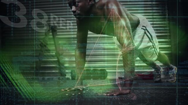 Animation of data on digital screen over afrcan american man doing push ups