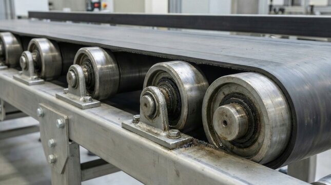 Industrial conveyor belt rollers and black rubber belt system close up