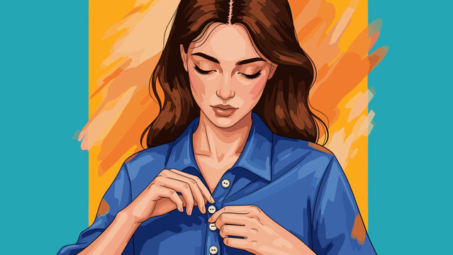 Young woman buttoning shirt in expressive portrait illustration