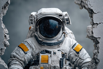 Astronaut holds helmet standing in front of damaged wall as if exploring new worlds in a distant future