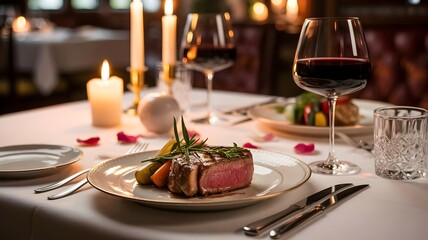 Elegant steak and red wine dinner at restaurant &ndash; Great for fine dining advertisements, anniversary themes, or culinary content.