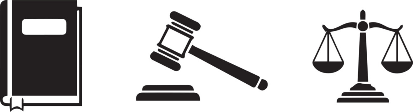 Legal symbols: book, gavel, and scales of justice icon representing law and order