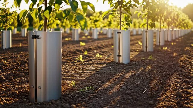 Rows of young tree saplings in a newly planted orchard. Metal protectors guard the trunks in cultivated soil at sunset. Agriculture and growth concept