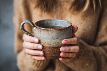 Hands holding a ceramic mug while enjoying a moment of simple living during a cozy indoor setting