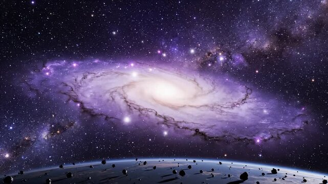 View of a Galaxy From a Planet With an Asteroid Field, Beautiful Space Scene